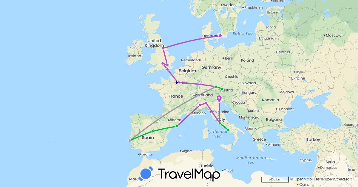 TravelMap itinerary: driving, bus, plane, train in Austria, Germany, Denmark, Spain, France, United Kingdom, Italy, Portugal (Europe)